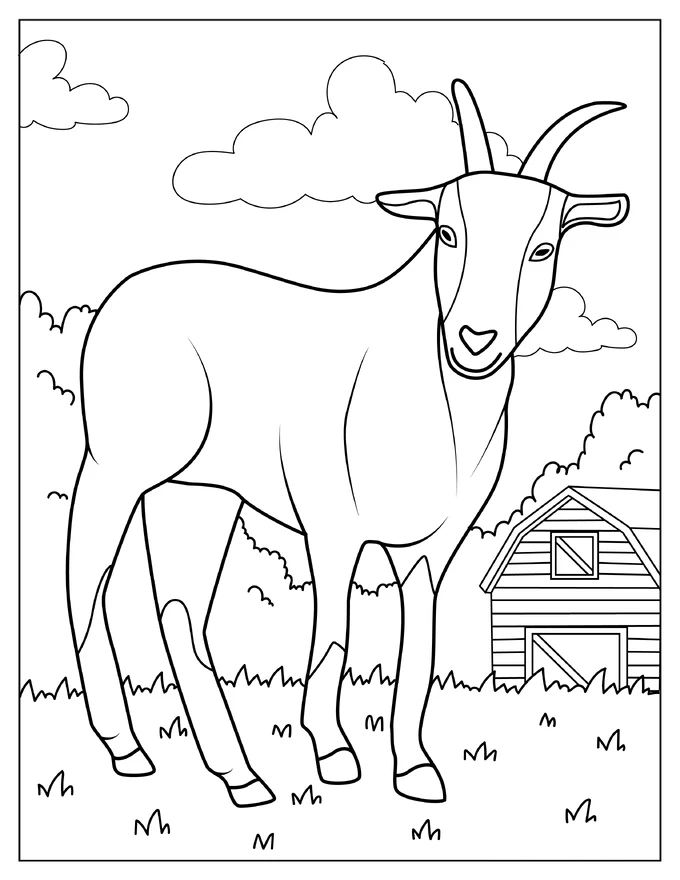 Farm Goat With Barn To Color