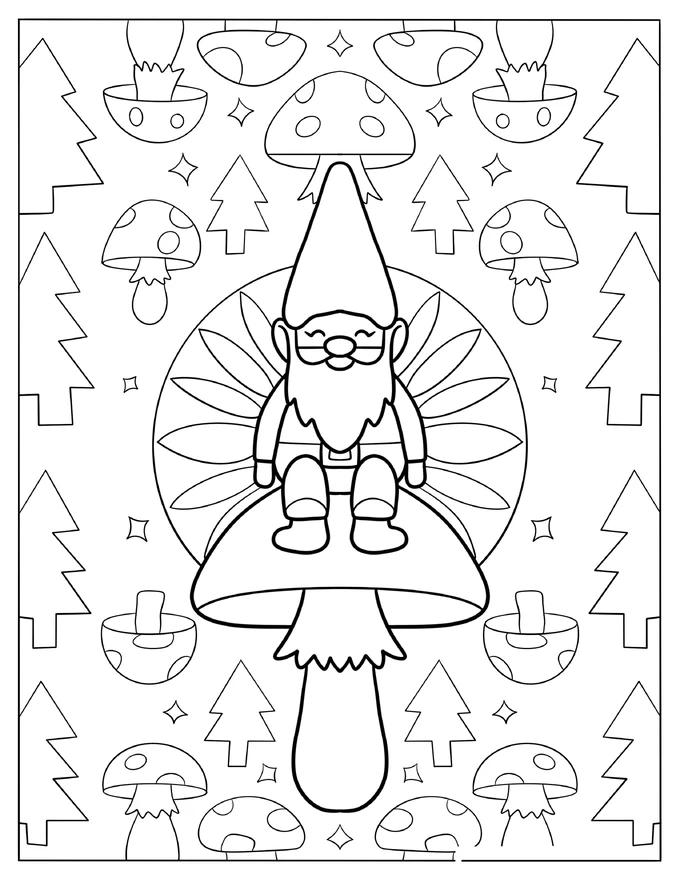 Baby Gnome Sitting On a Mushroom Coloring Sheet For Kids