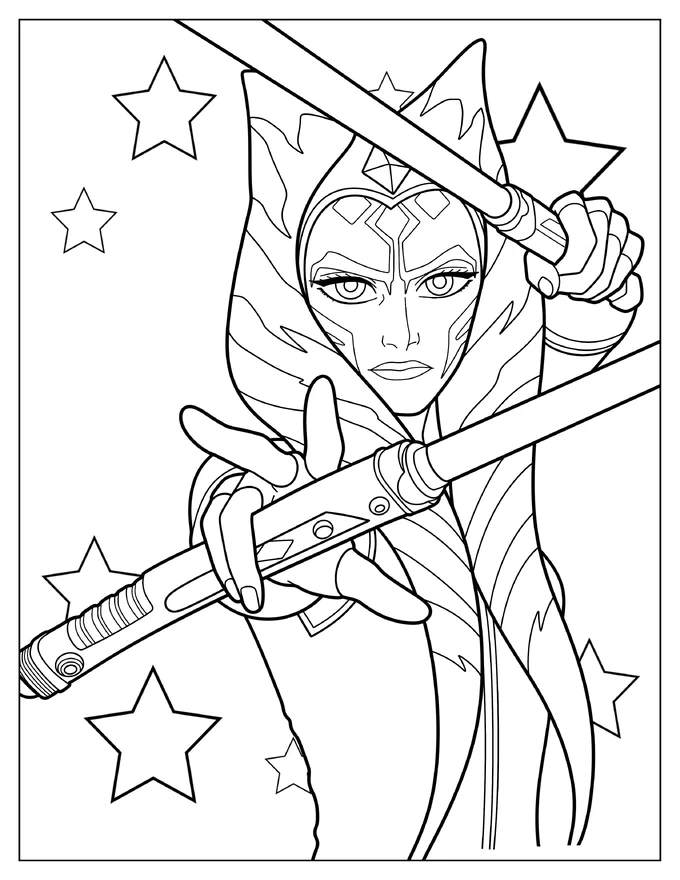 Detailed Ahsoka Tano In Battle Pose Coloring Sheet