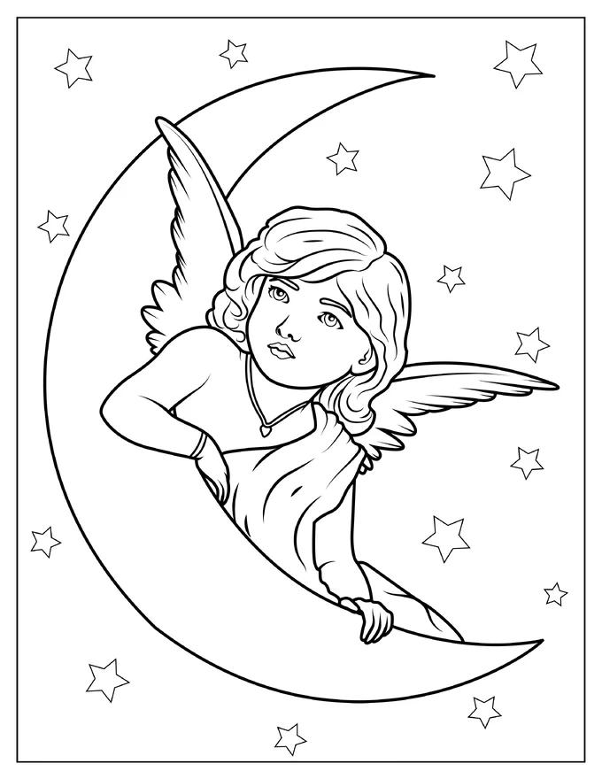 Peaceful Angel Resting On Crescent Moon