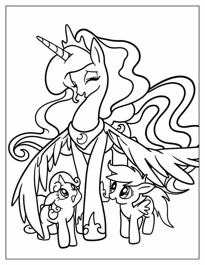 Easy Princess Luna With Sweetie Belle And Fluttershy Coloring Page For Kids