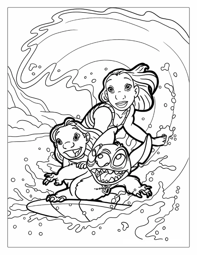 Lilo, Stitch, and Nani Pelekai Riding a Surfboard