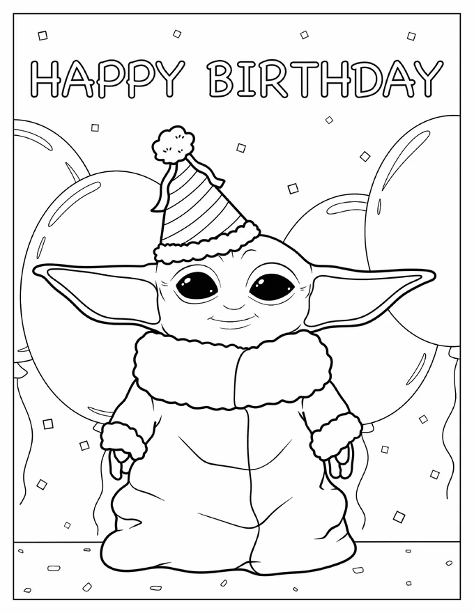 Happy Birthday Baby Yoda Coloring Page