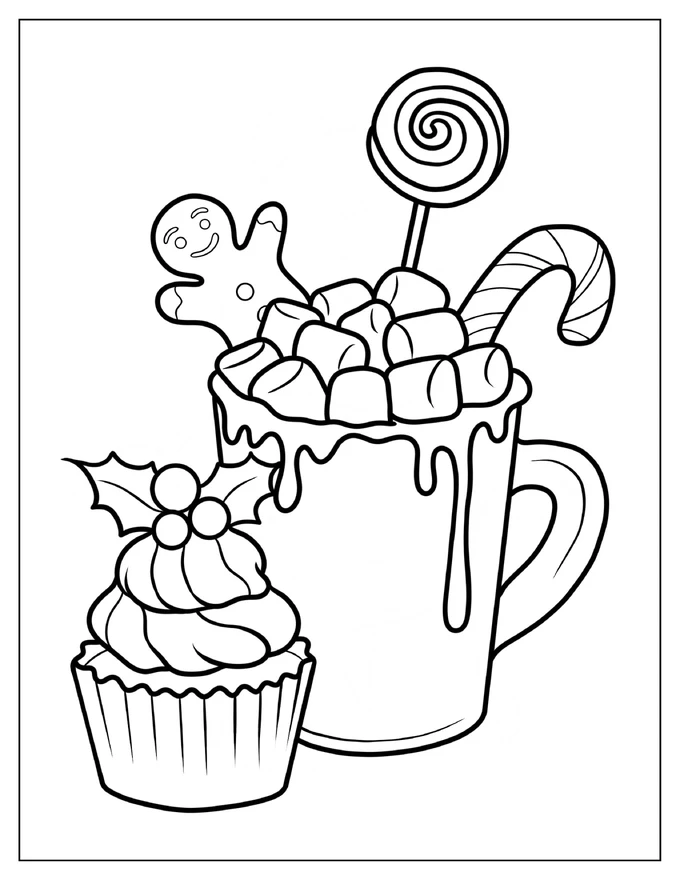 Hot Chocolate Drink With Toppings Beside Christmas Cupcake Coloring Page