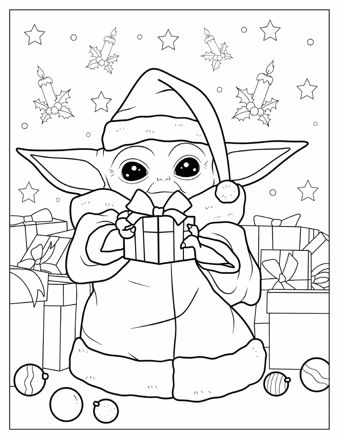 Cute Baby Yoda Holding Christmas Gift To Color