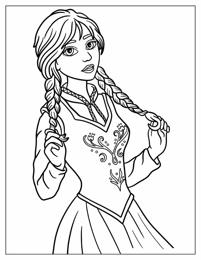 Simple Anna Holding Braids Coloring Sheet