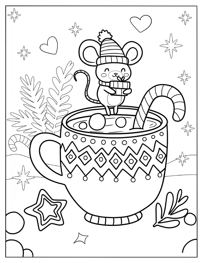 Cute Little Mouse Hugging A Present On The Rim Of A Hot Chocolate Cup