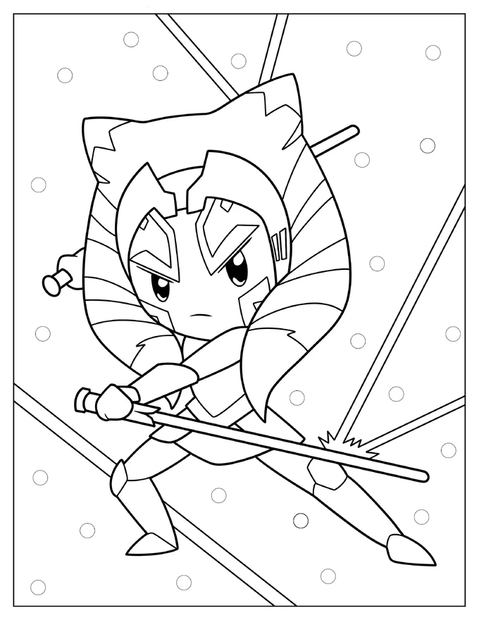 Kawaii Ahsoka Fighting With Two Lightsabers Coloring Page For Preschoolers