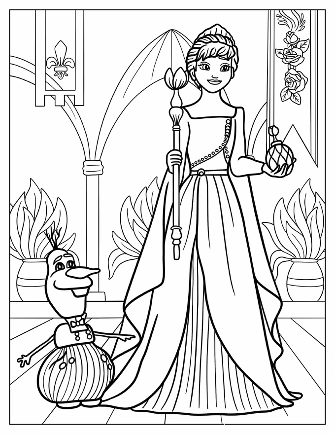 Queen Anna In Coronation With Olaf Coloring Page