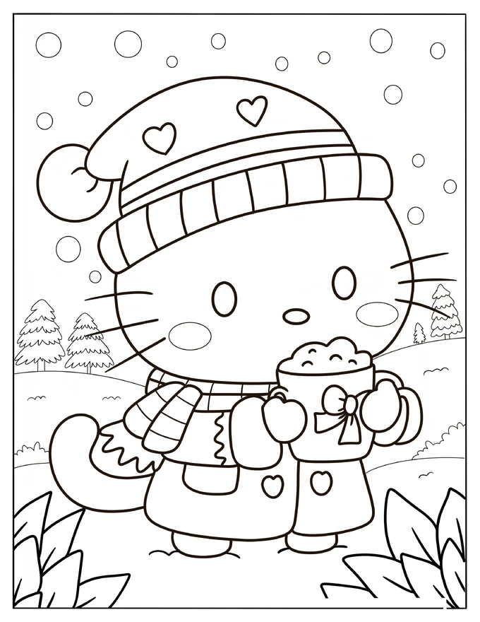 Cute Hello Kitty In The Snow Drinking Hot Chocolate Coloring Sheet For Kids