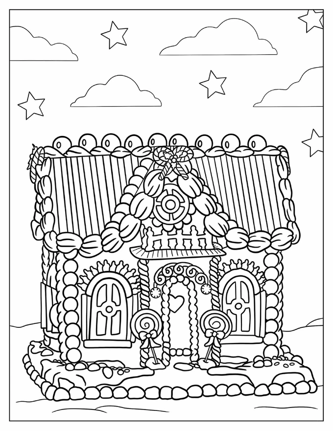 Detailed Gingerbread House With Candy Coloring Page