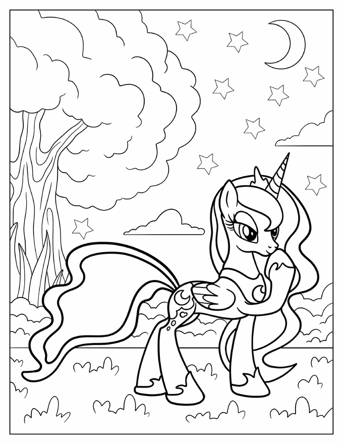 Princess Luna In The Forest At Night Coloring Sheet