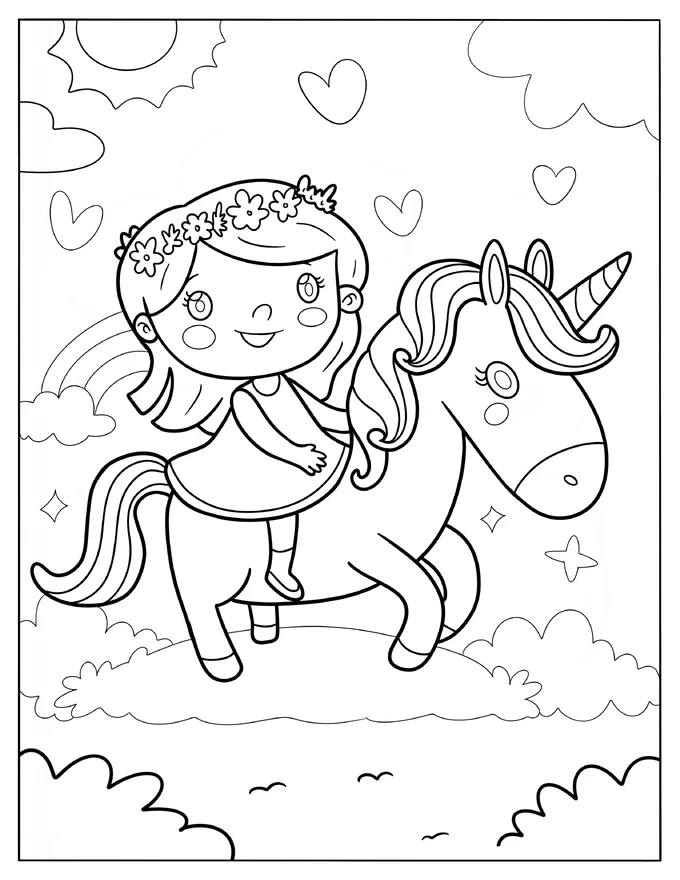 Cute Little Girl Riding A Unicorn Coloring Page