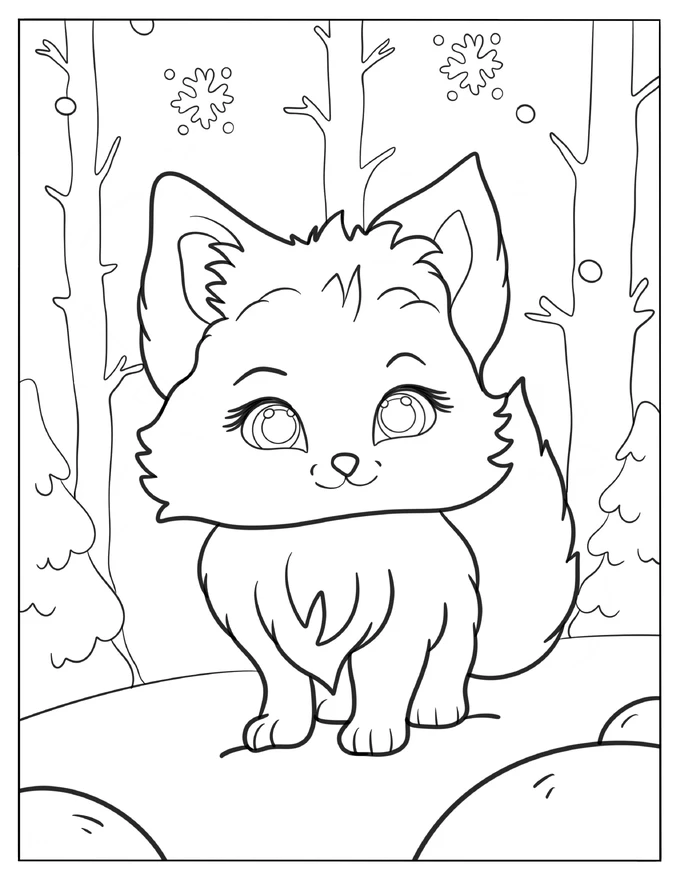 Chibi Arctic Wolf In The Woods Coloring Page