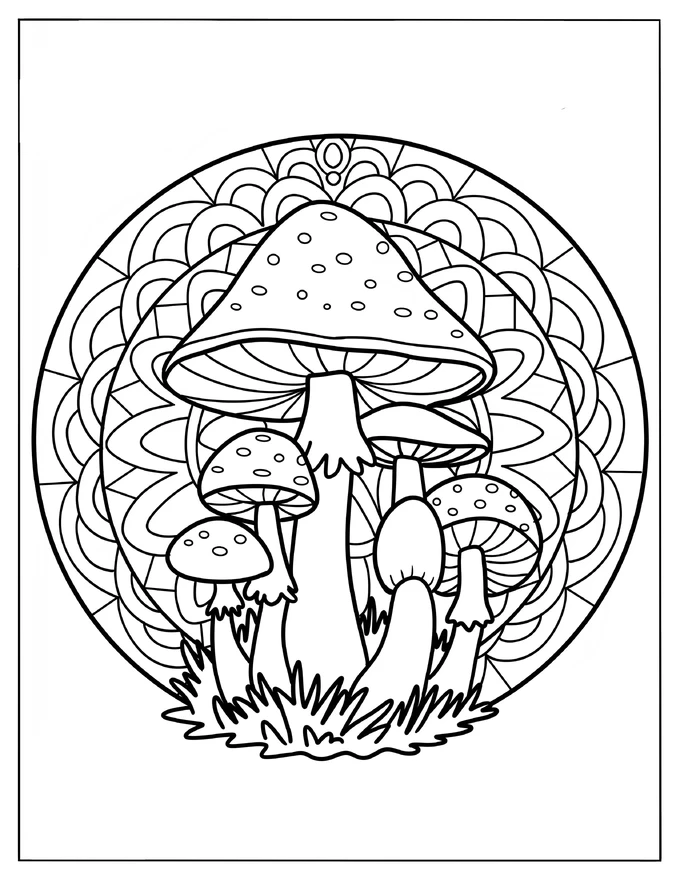 Mushrooms In Front Of A Mandala Coloring Page