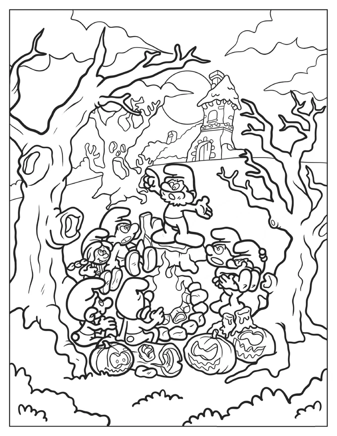 Detailed Halloween Smurfs Coloring Page