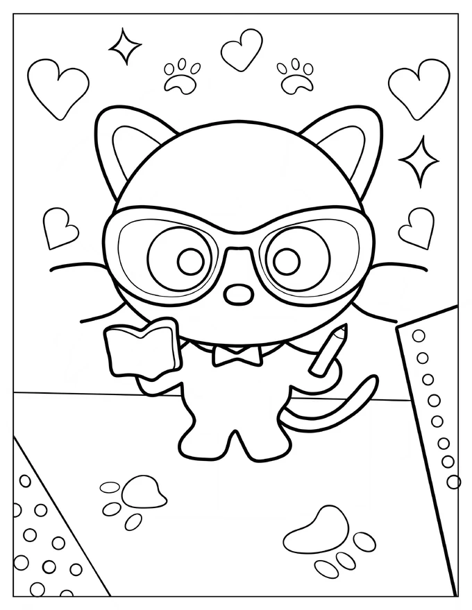 Chococat Wearing Glasses And Holding Book And Pencil Coloring Sheet