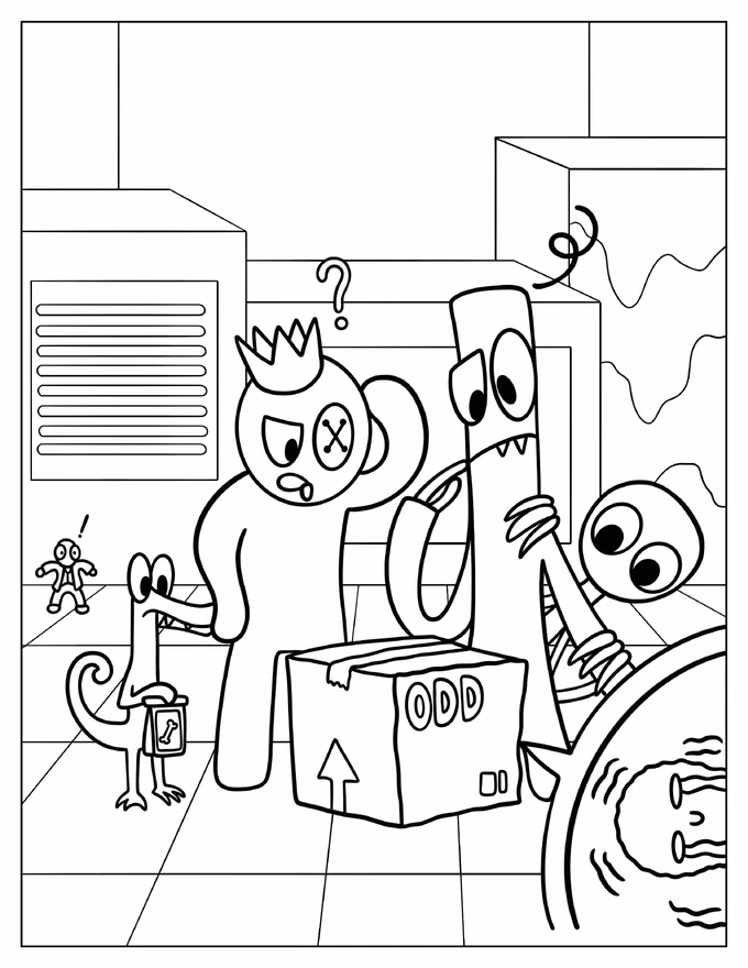 Rainbow Friends Looking At Odd Box Coloring Sheet