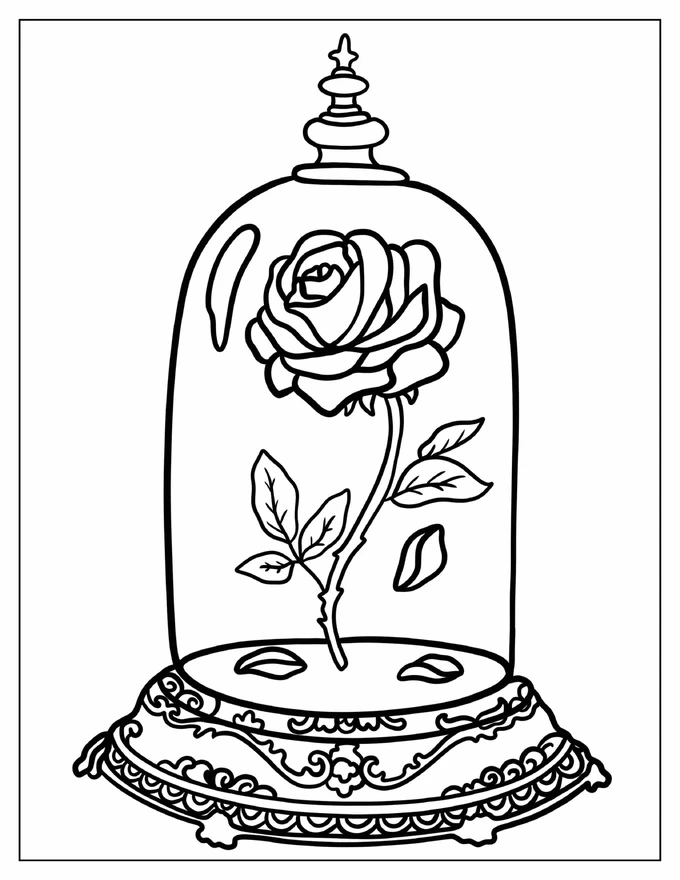 Beauty And The Beast Rose In Glass Coloring Page