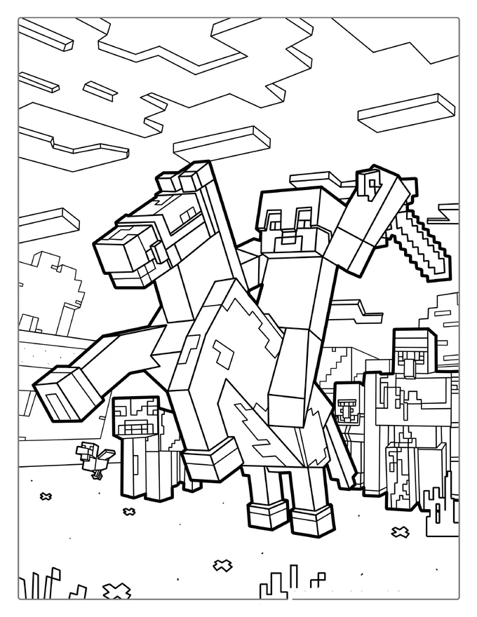 Minecraft Steve Riding Horse With Sword Coloring Page