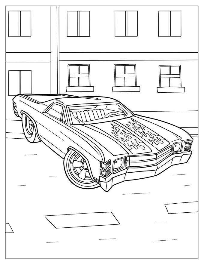 Lowrider With Flame Design Coloring Page For Kids