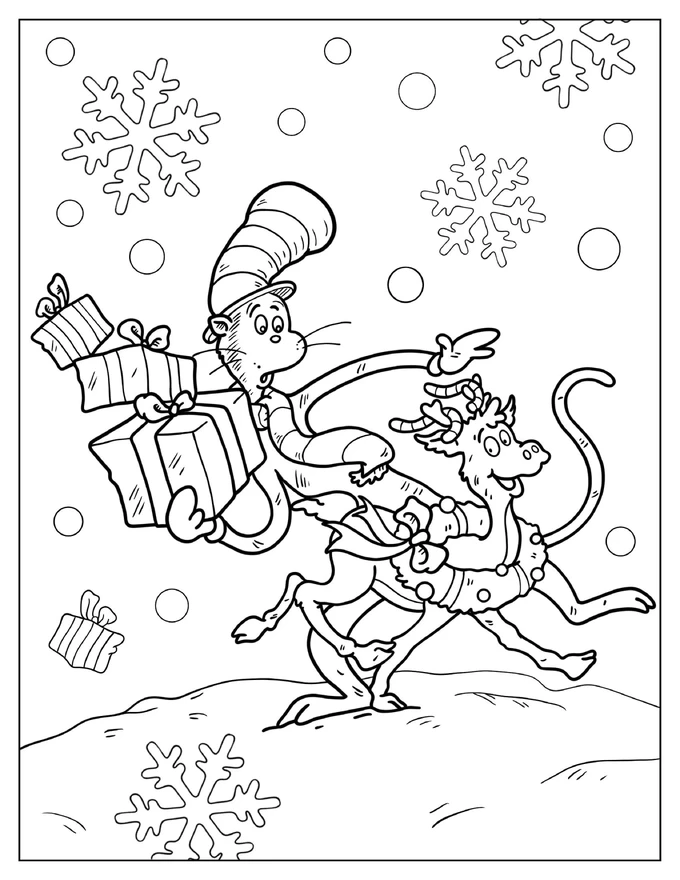 Christmas Themed Cat In The Hat Coloring Page