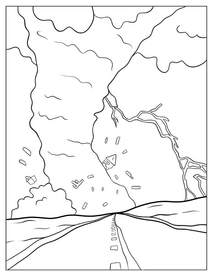 Tornado With Lightning In The Background Coloring Page