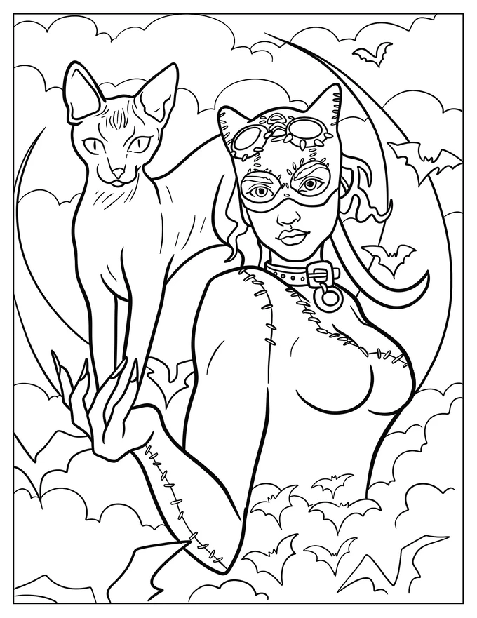 Cartoon Catwoman With Cat And Bats Coloring Page For Kids