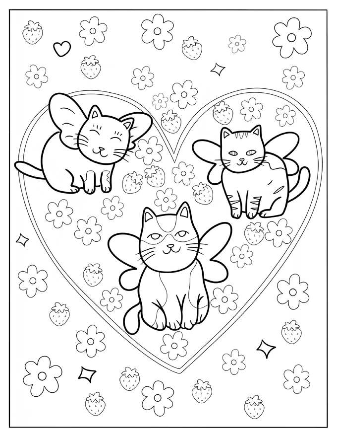 Cute Kittens Inside A Love Heart Coloring Page