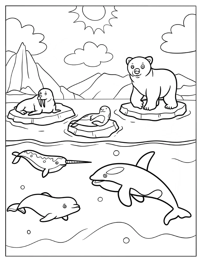 Arctic Animals On Ice Coloring Page For Kids