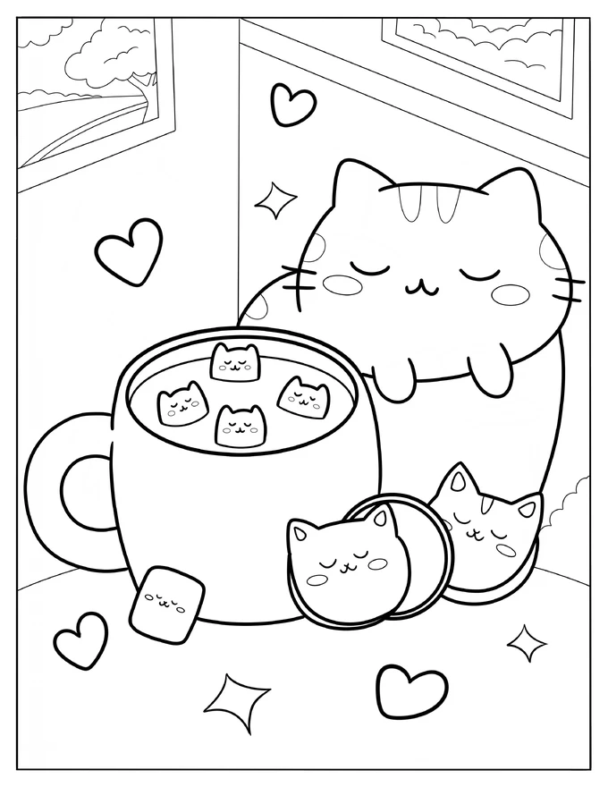 Cartoon Cat Sleeping Next To A Cup Of Hot Chocolate Coloring Page For Kids