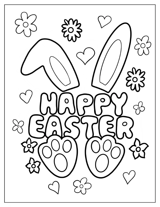 Happy Easter With Bunny Ears And Feet Coloring Sheet