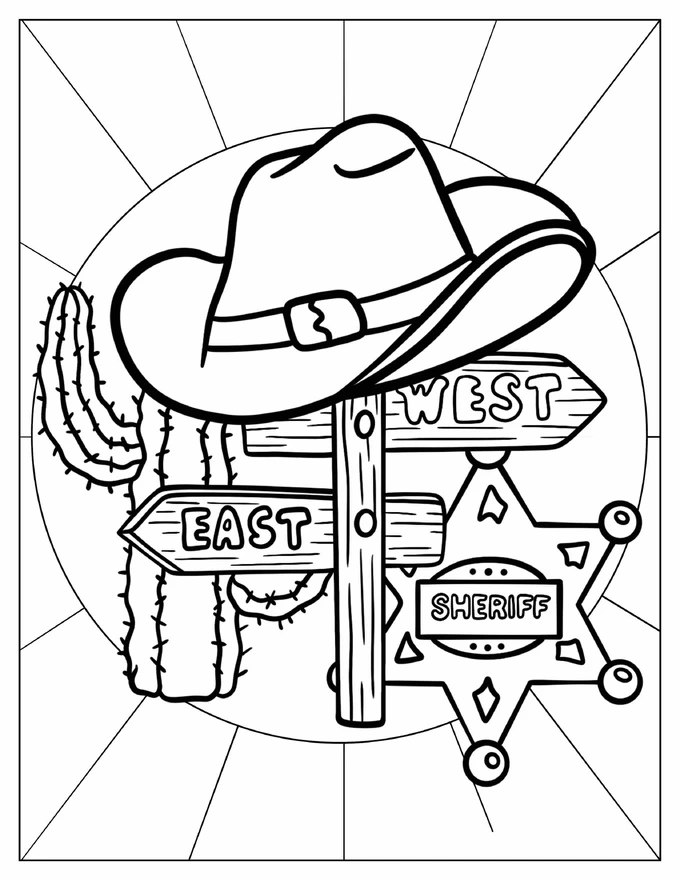 Cowboy Hat, Sheriff’s Badge, Cactus, And Wooden Road Sign