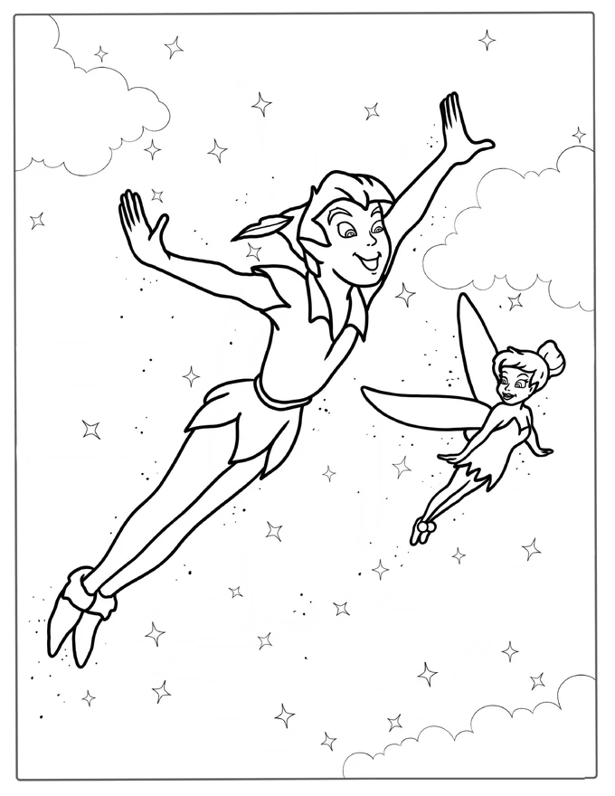 Peter Pan And Tinker Bell Flying In The Nigh Sky