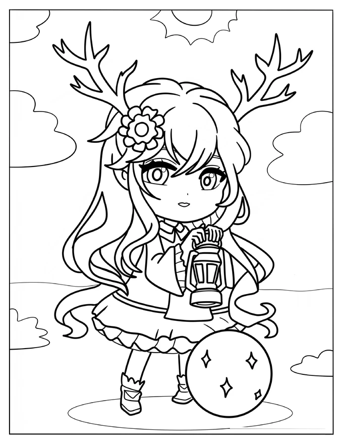 Chibi Girl With Large Antlers Holding A Lamp