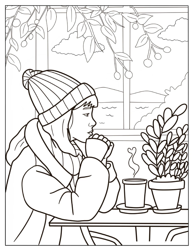 Woman Sitting By The Window With A Hot Chocolate On The Table Coloring Sheet