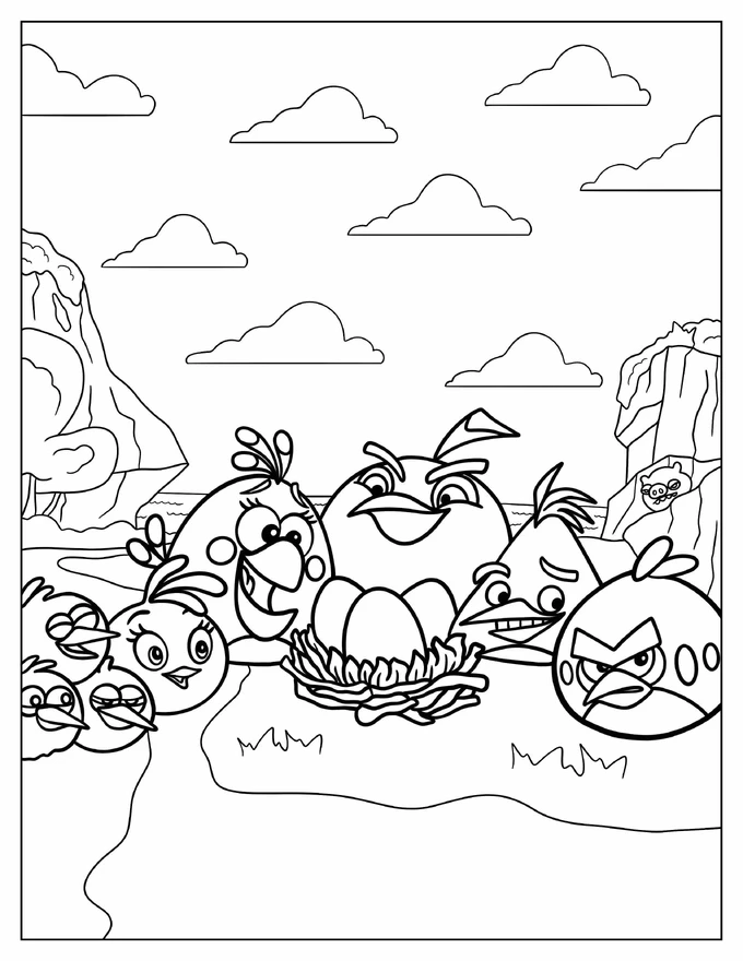 Coloring Page Of Angry Birds Around Eggs In Nest