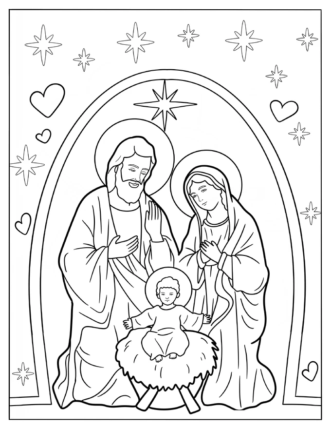 Joseph, Mary, And Jesus With Haloes Coloring Sheet