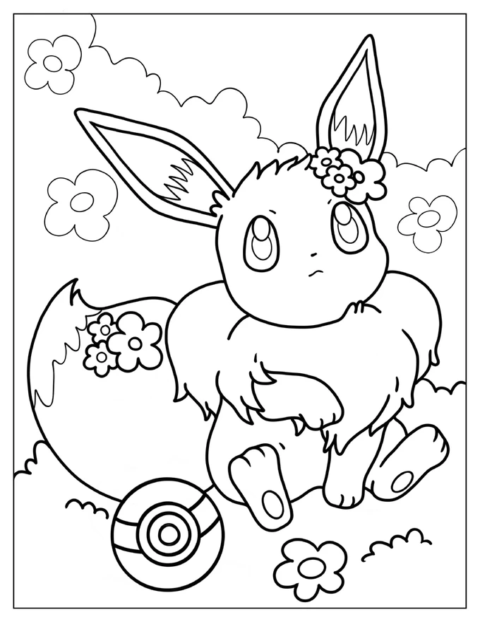 Cute Eevee With Flowers Coloring Sheet