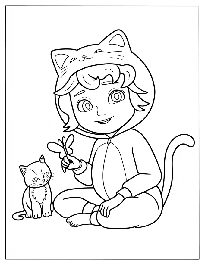 Pretty Girl Playing With A Cat Coloring Sheet