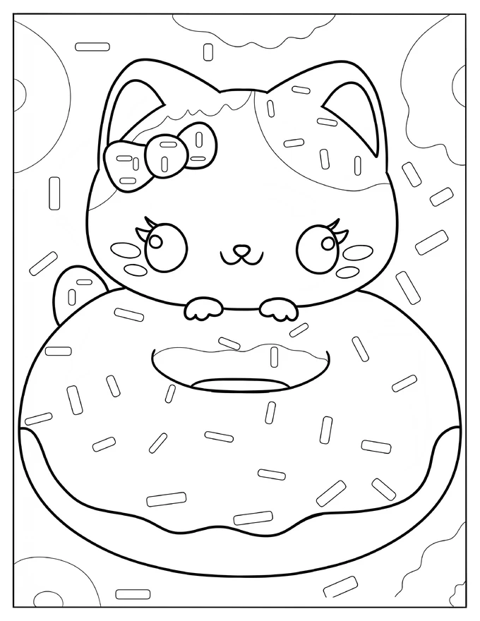 Adorable Cat With A Giant Donut Coloring Page