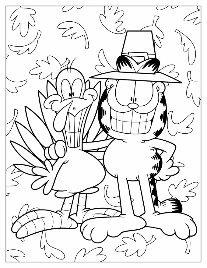 Garfield And Turkey Smiling Wide During Fall Coloring Sheet