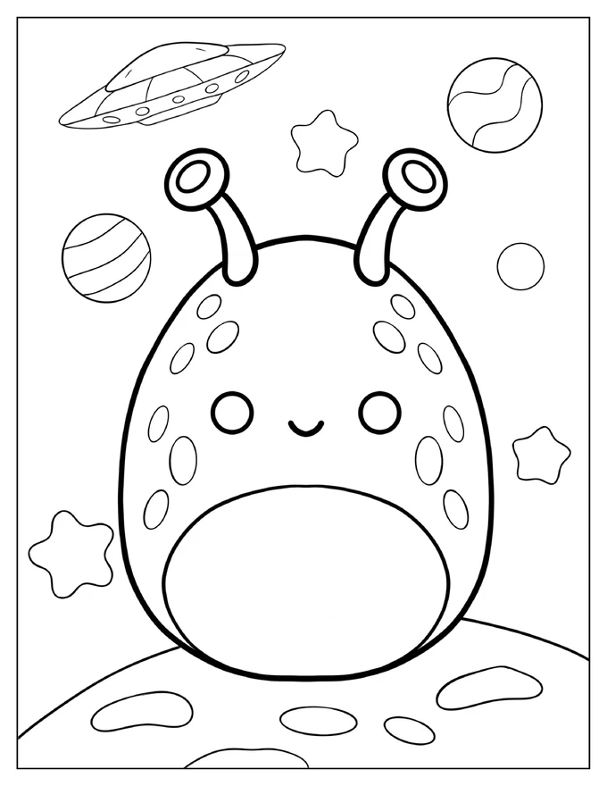 Coloring Sheet of Daxzon The Alien Squishmallow In Outer Space