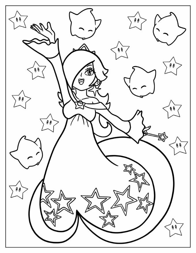 Easy Rosalina With Luma And Stars In Background Coloring Sheet