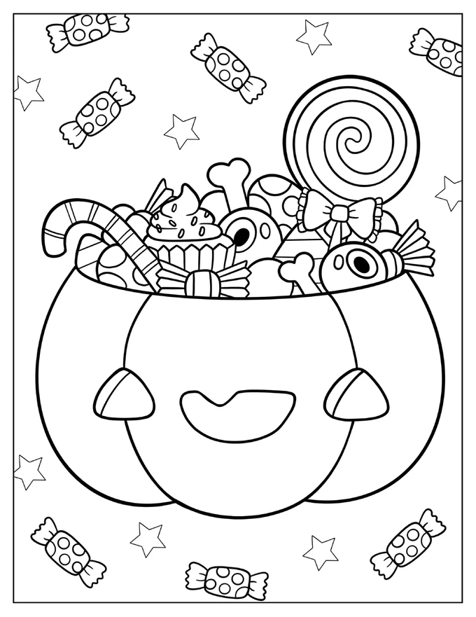 Kawaii Jack-O-Lantern With Treats Coloring Sheet