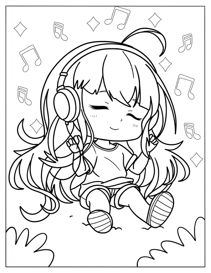 Chibi Girl Listening To Music While Sitting On Grass