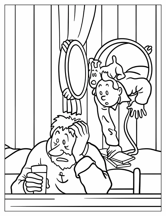 Tintin And Snowy Sneaking Into Captain Haddock’s Room Coloring Sheet