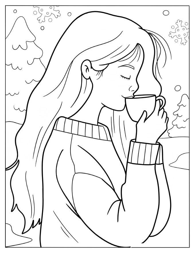 Woman Drinking Hot Chocolate In The Snow Coloring Page For Kids