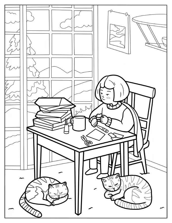 Cartoon Girl Making Crafts In A Cozy Nook Next To A Window