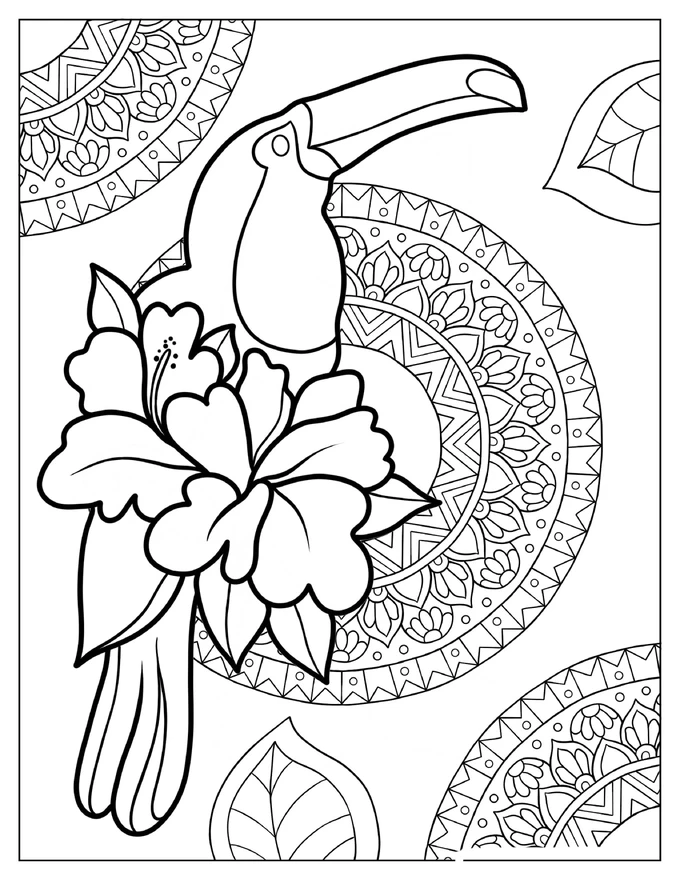 Toucan Sitting With Flowers Mandala Coloring Page